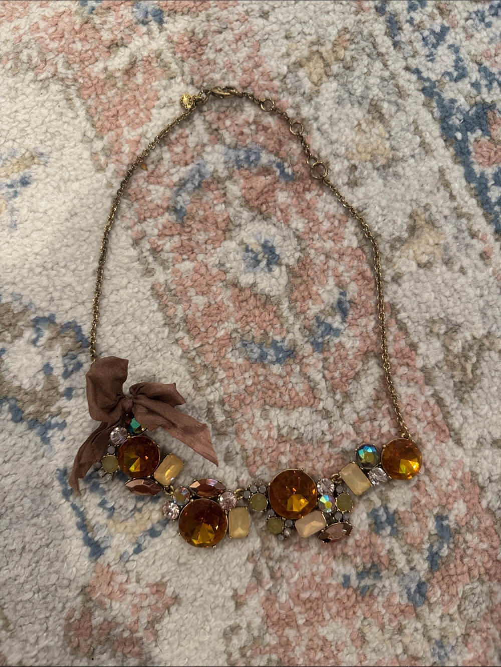 J.Crew Gold-Tone Amber Crystal Statement Necklace with Brown Ribbon